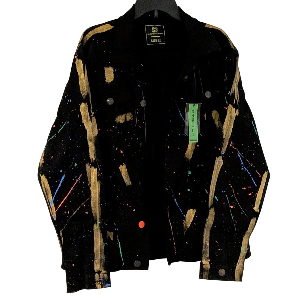 Sacred Crown Mens 2X Black Gold Paint Splatter Stretch Denim Trucker Jacket NEW